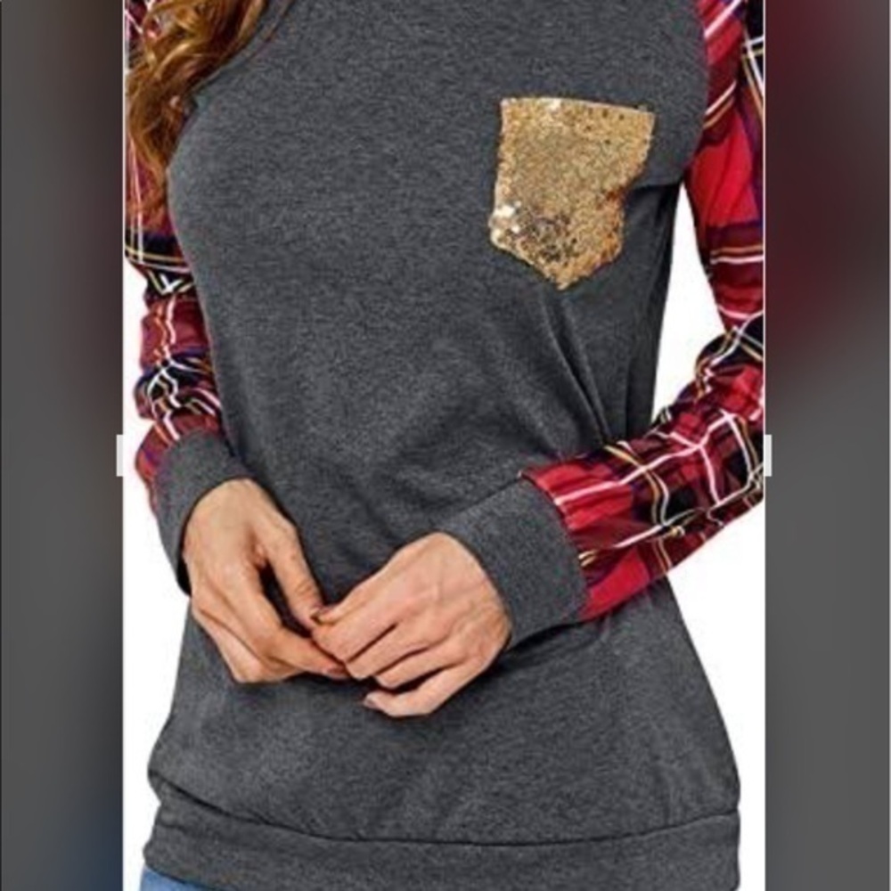 Womens Round Neck Plaid Long Sleeve Sweatshirt Front Sequins Pocket Tunic Shirt